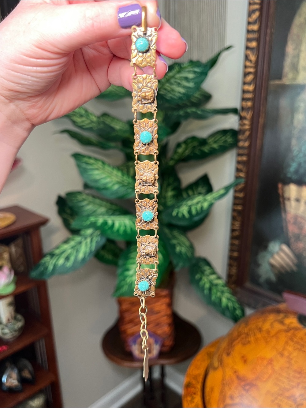 Vintage Czech Turquoise Blue Glass Egyptian Revival Etruscan Gold Panel Bracelet - Picture 6 of 12